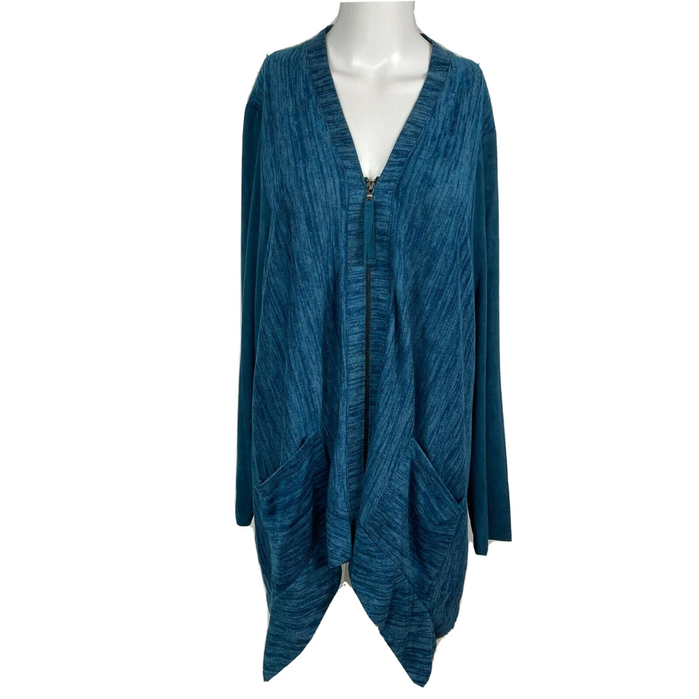 LOGO Lori‎ Goldstein Shirt Womens Sz L Zip Up Top Blue Jersey Asymmetrical Hem